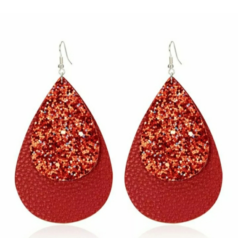 Red sparkly and leather earrings